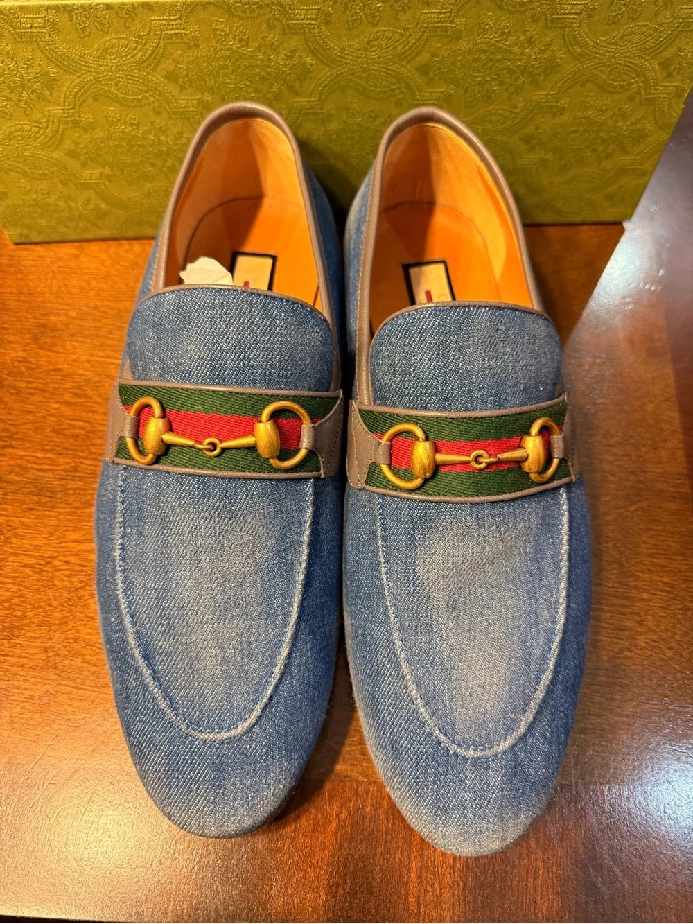 Gucci Men's Blue Denim Horsebit Loafers with Green-Red Web Strap US 11